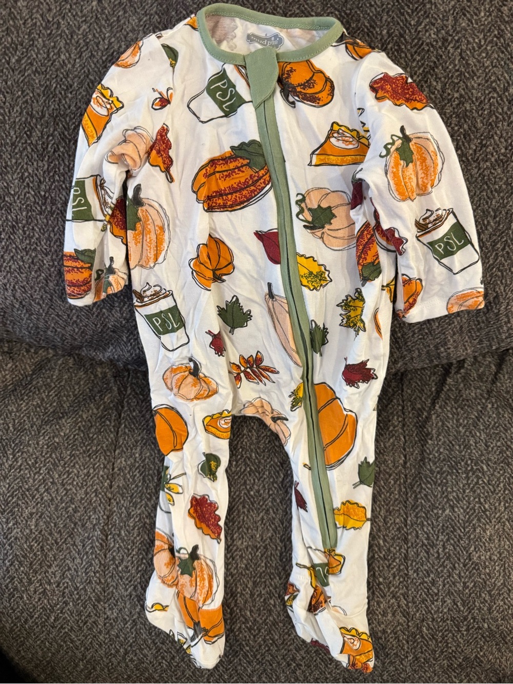 Mud Pie White Footed Pajamas with Orange Pumpkin & Green Trim